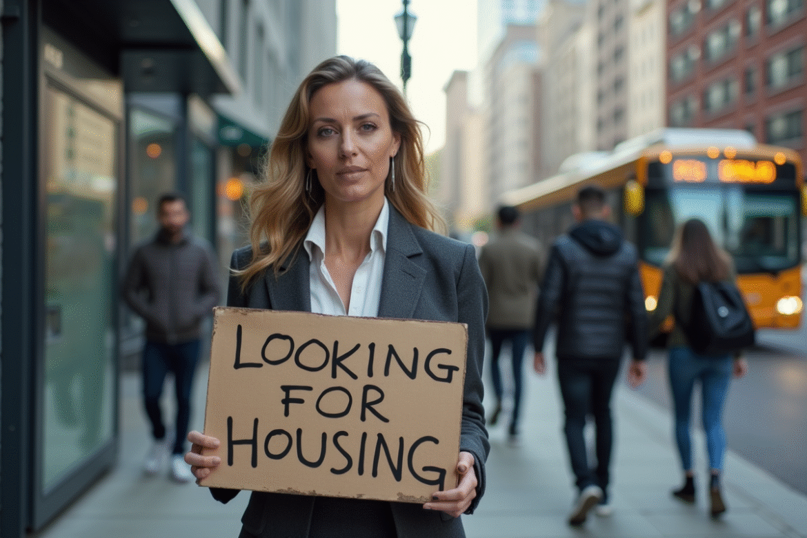 Femme d affaires tenant une pancarte recherche logement