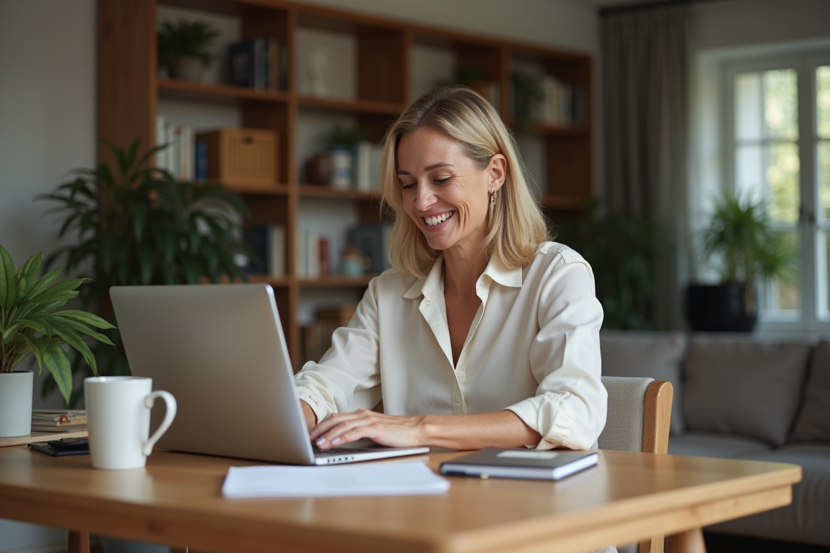 Femme souriante recherchant des options de voiture sur son ordinateur