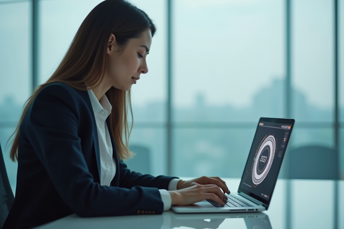 Femme professionnelle utilisant un coffre numérique sur son ordinateur