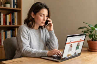 Femme appelant le service client Amazon depuis son bureau à domicile avec un smartphone et un ordinateur portable ouvert