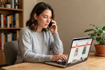 Femme appelant le service client Amazon depuis son bureau à domicile avec un smartphone et un ordinateur portable ouvert