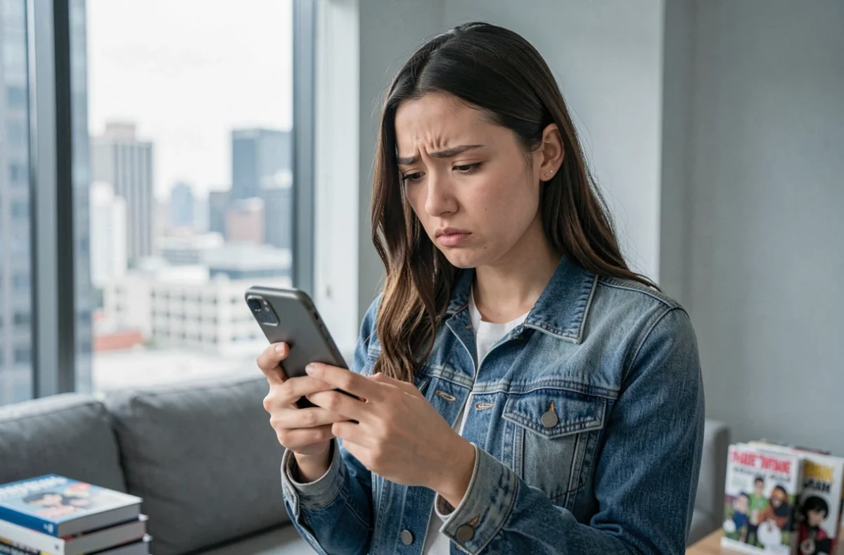 Jeune femme méfiante lisant un site suspect sur smartphone avec des mangas posés sur une table, illustrant la vigilance face aux faux sites de scans