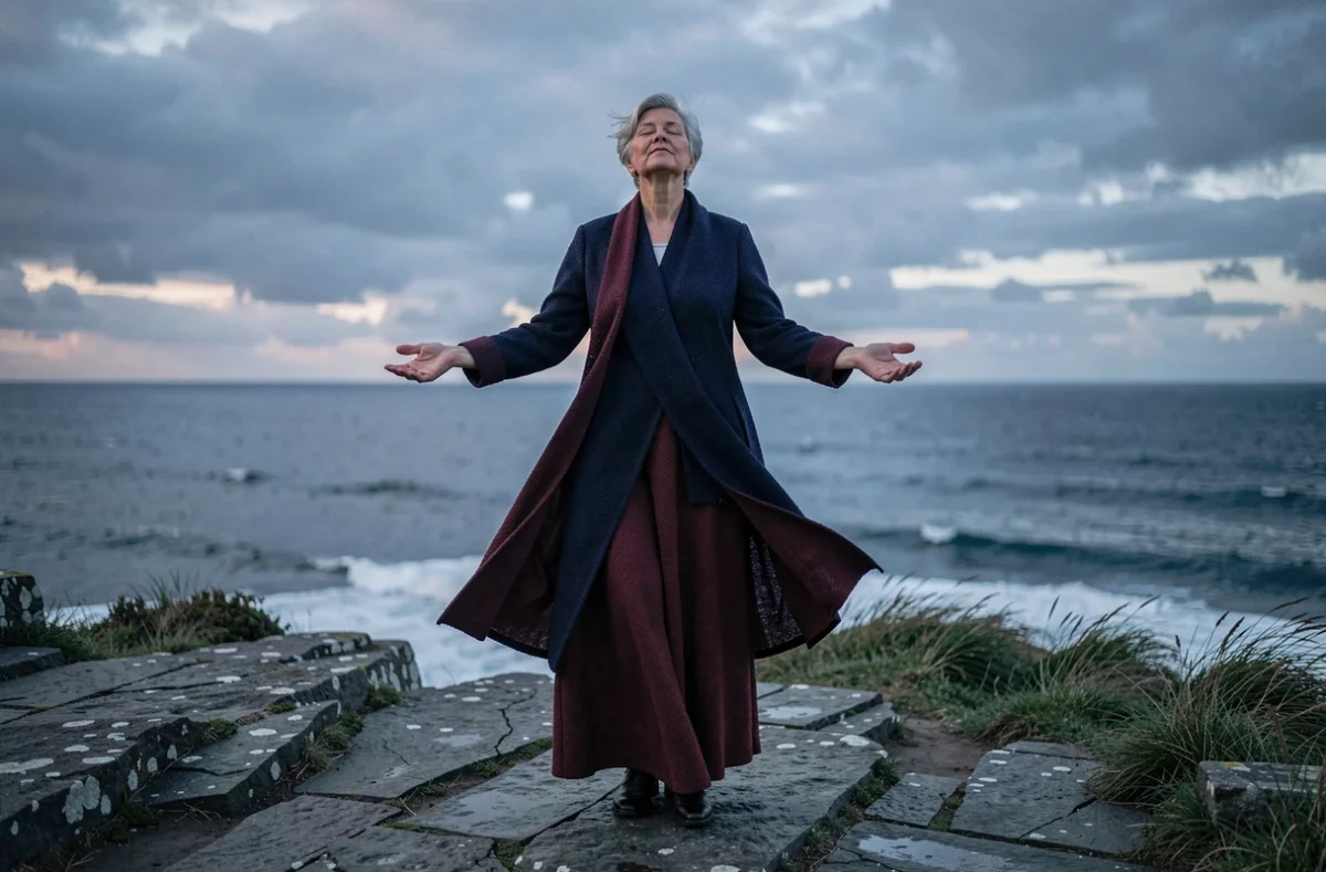 Femme mystique en posture méditative sur une falaise côtière venteuse, symbolisant les signes spirituels d'une femme sorcière en ésotérisme contemporain