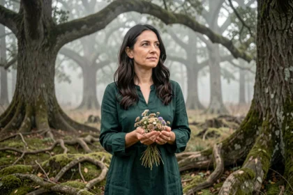 Femme aux traits mystiques tenant des herbes séchées dans une forêt brumeuse, évoquant les signes d'une femme sorcière selon l'ésotérisme