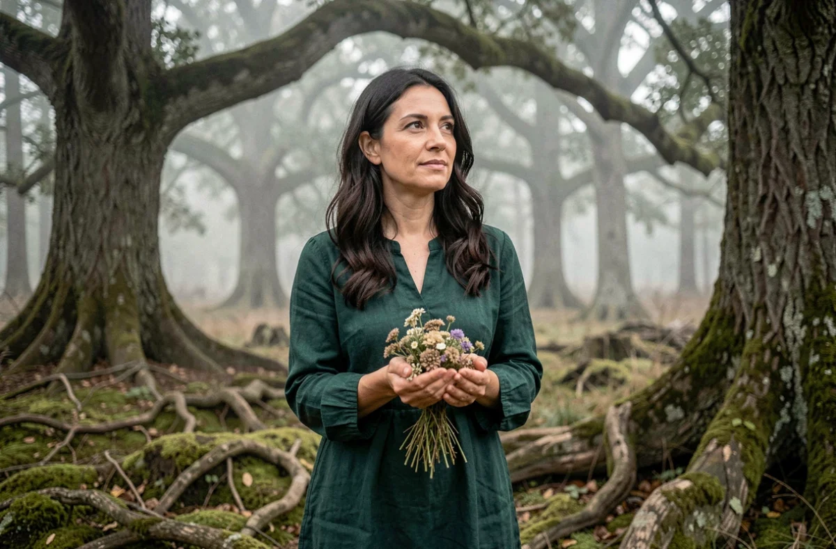 Femme aux traits mystiques tenant des herbes séchées dans une forêt brumeuse, évoquant les signes d'une femme sorcière selon l'ésotérisme