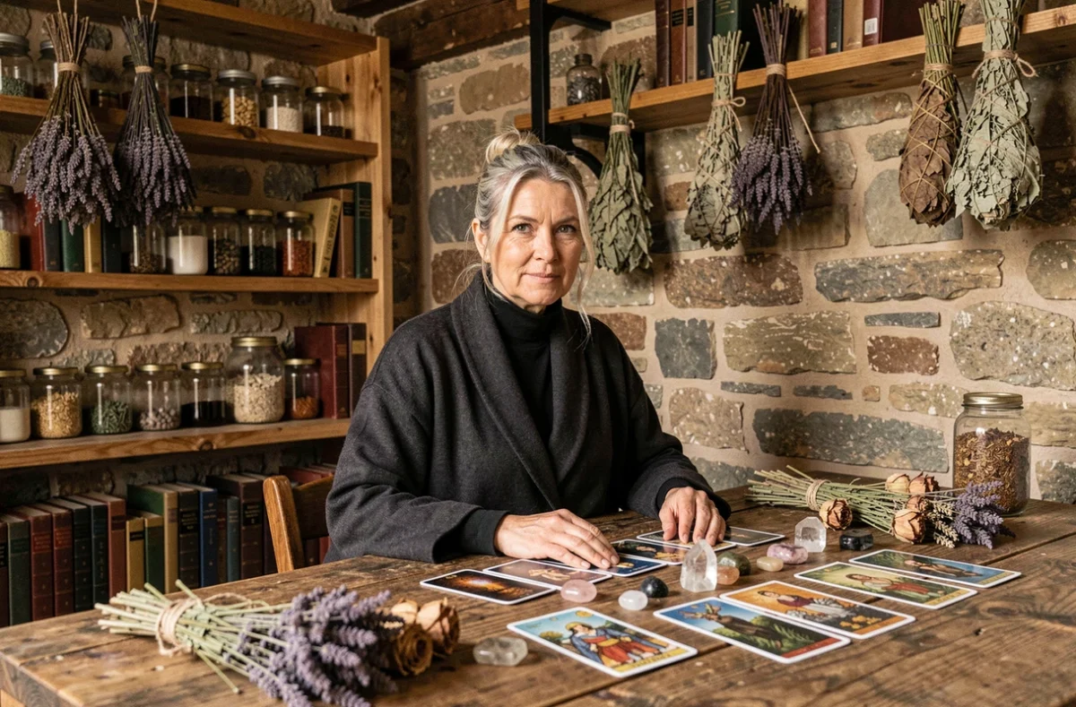 Femme ésotériste assise devant des cartes de tarot et des cristaux dans une pièce en pierre, illustration des signes d'une femme sorcière