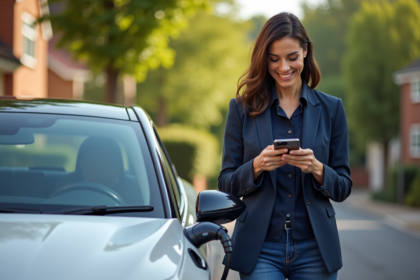 Femme souriante à côté d'une voiture hybride en banlieue