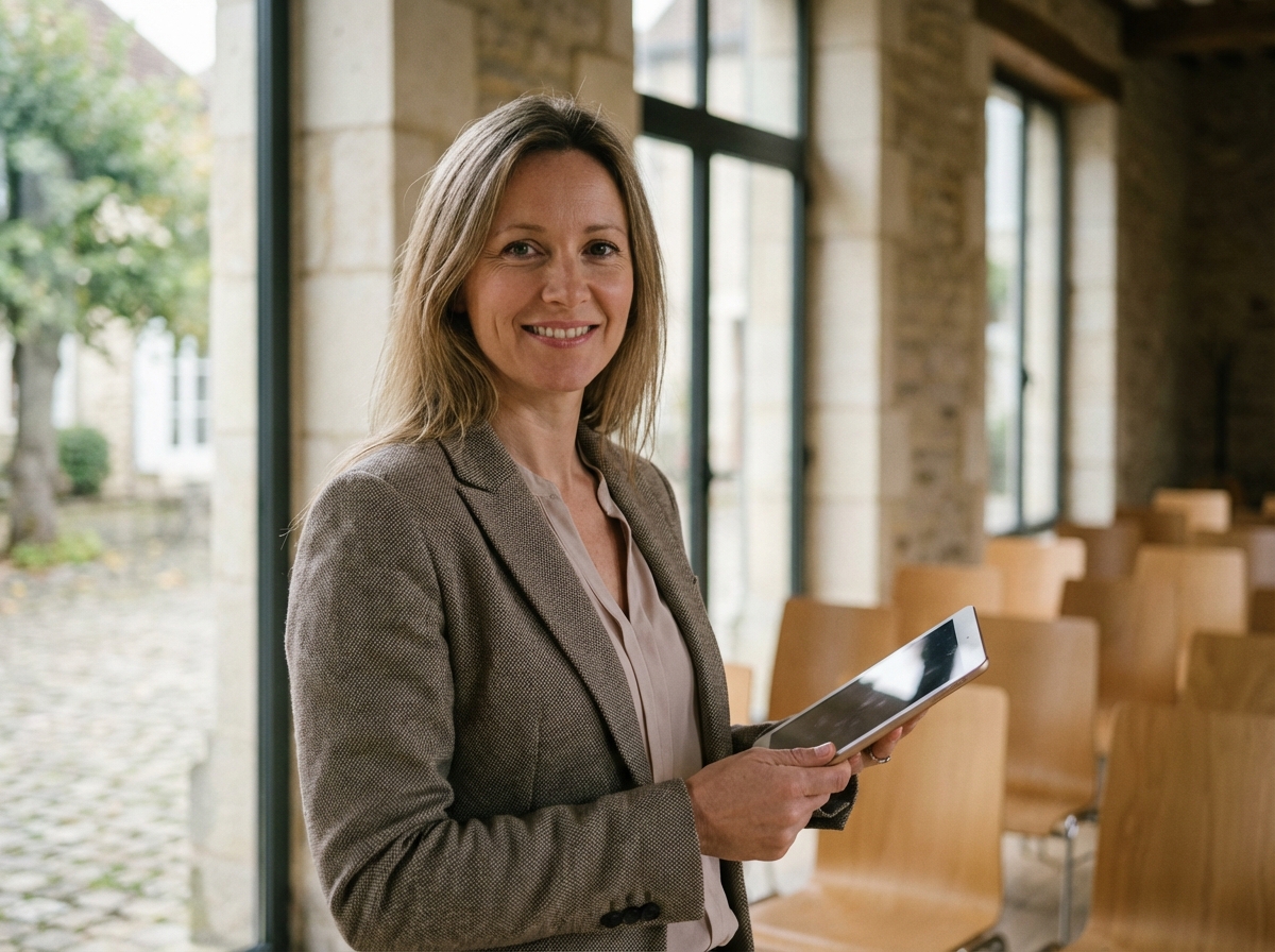 Femme souriante tenant une tablette dans un hall de séminaire