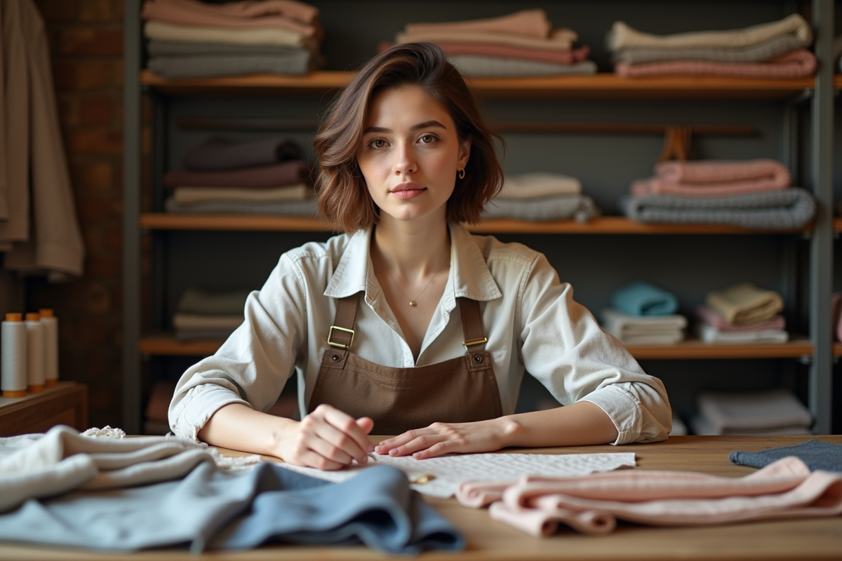 Femme touchant des tissus dans un atelier créatif