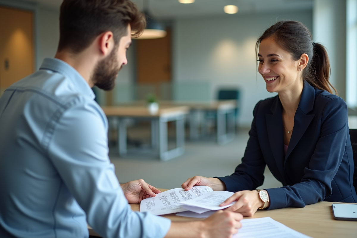 Jeune femme discutant de documents avec un conseiller financier