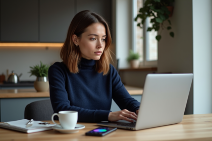 Femme professionnelle travaillant sur un ordinateur à la maison