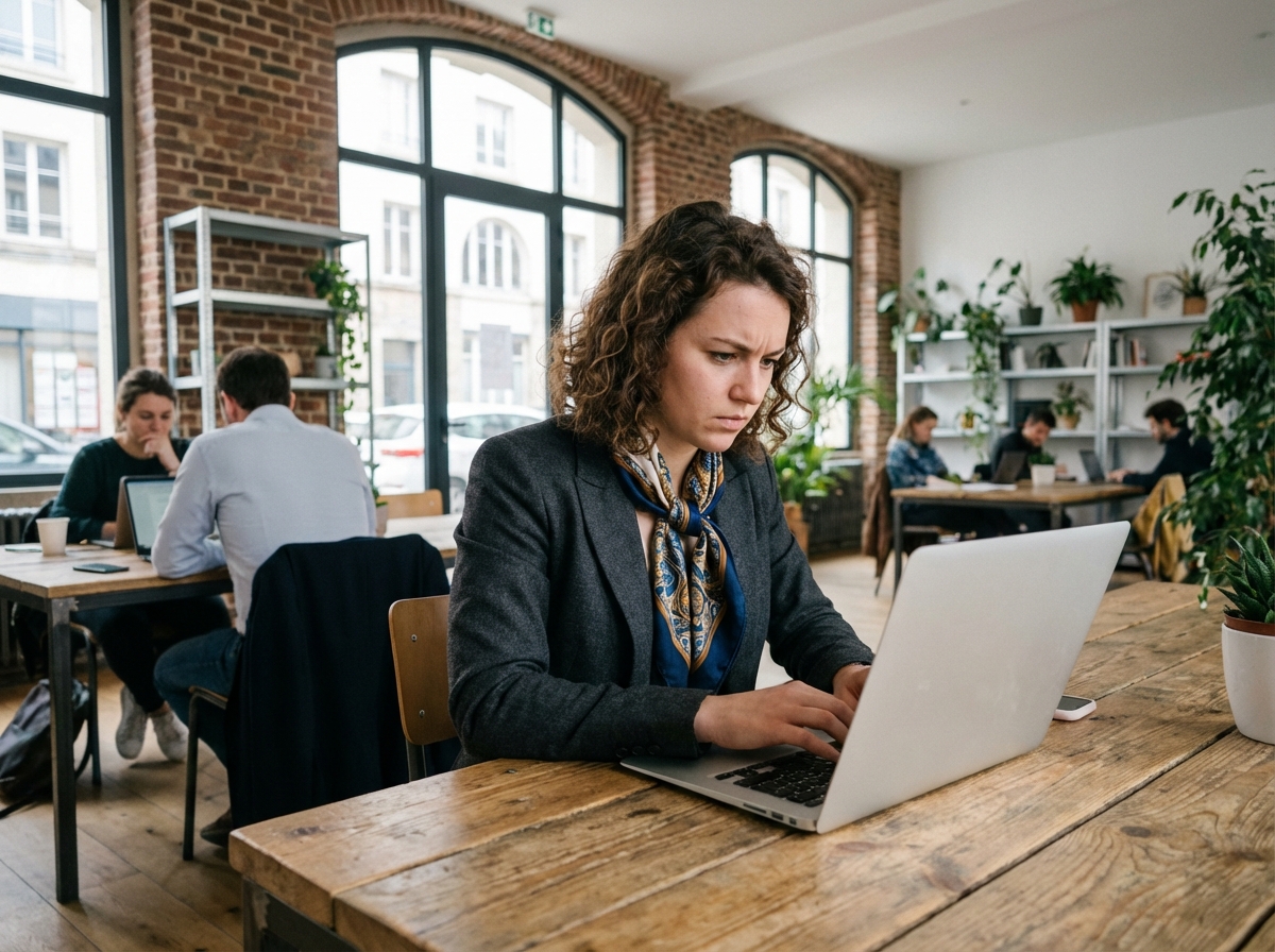 Femme concentrée travaillant dans un espace coworking à Rennes