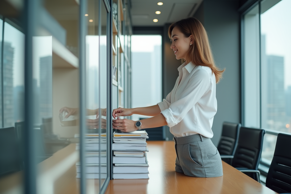 Jeune femme d affaires organisant des dossiers dans un bureau