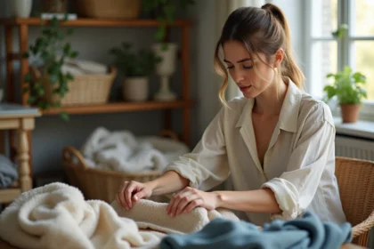 Femme triant des vêtements d'occasion dans un salon lumineux