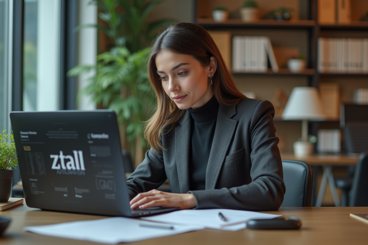 Jeune femme en blazer examine des polices digitales au bureau