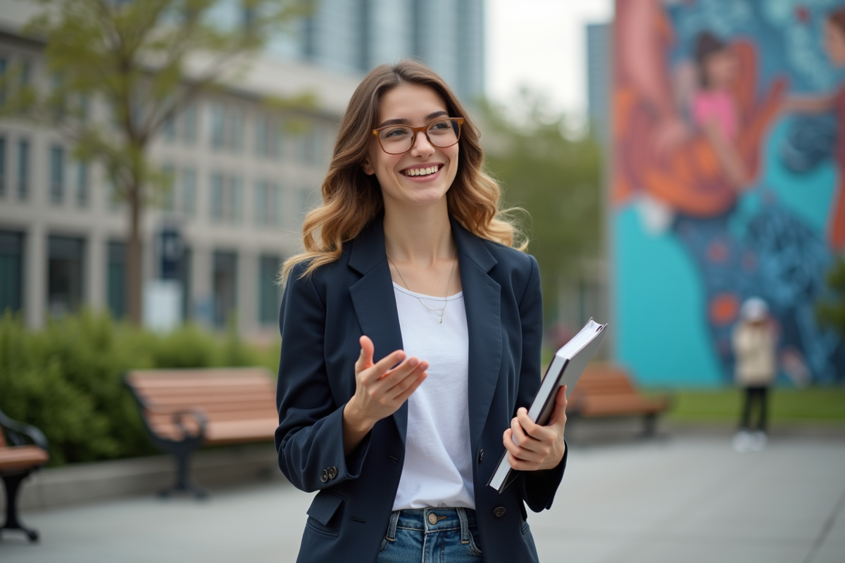 Jeune femme devant un mur urbain coloré en plein air