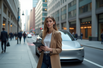 Femme avec tablette près d'une voiture autonome en ville