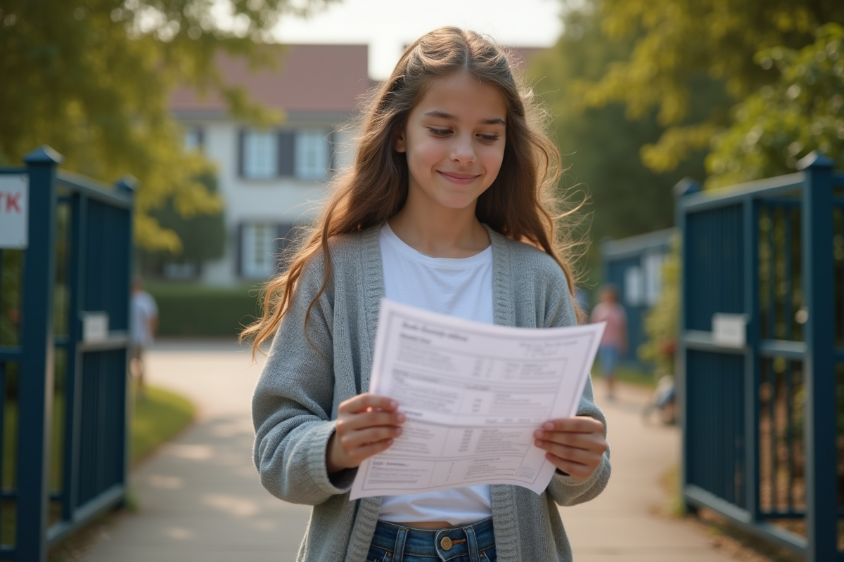 Fille examinee ses resultats devant l ecole