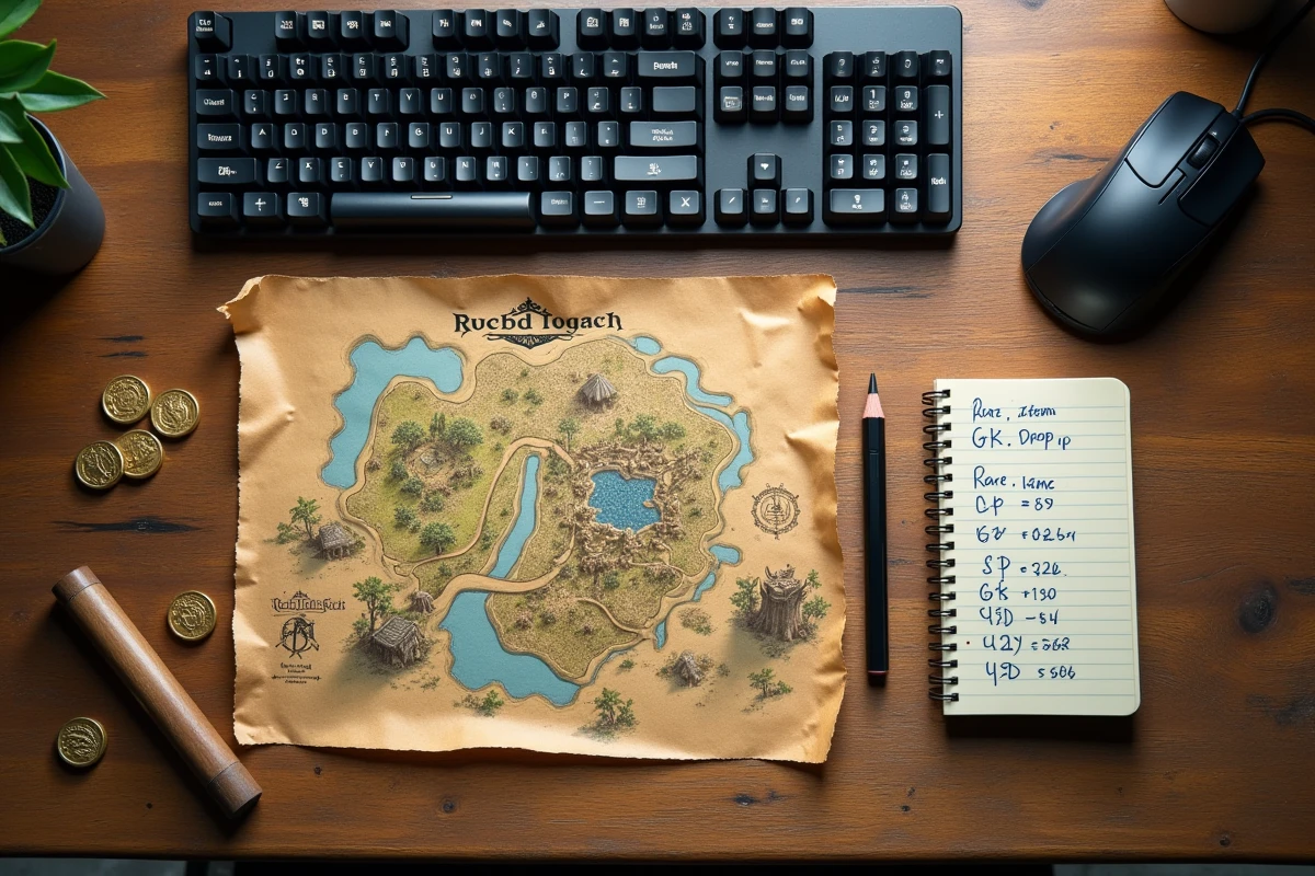 Flat lay de bureau gamer avec notes de farming et pièces d'or symbolisant les kamas de Dofus