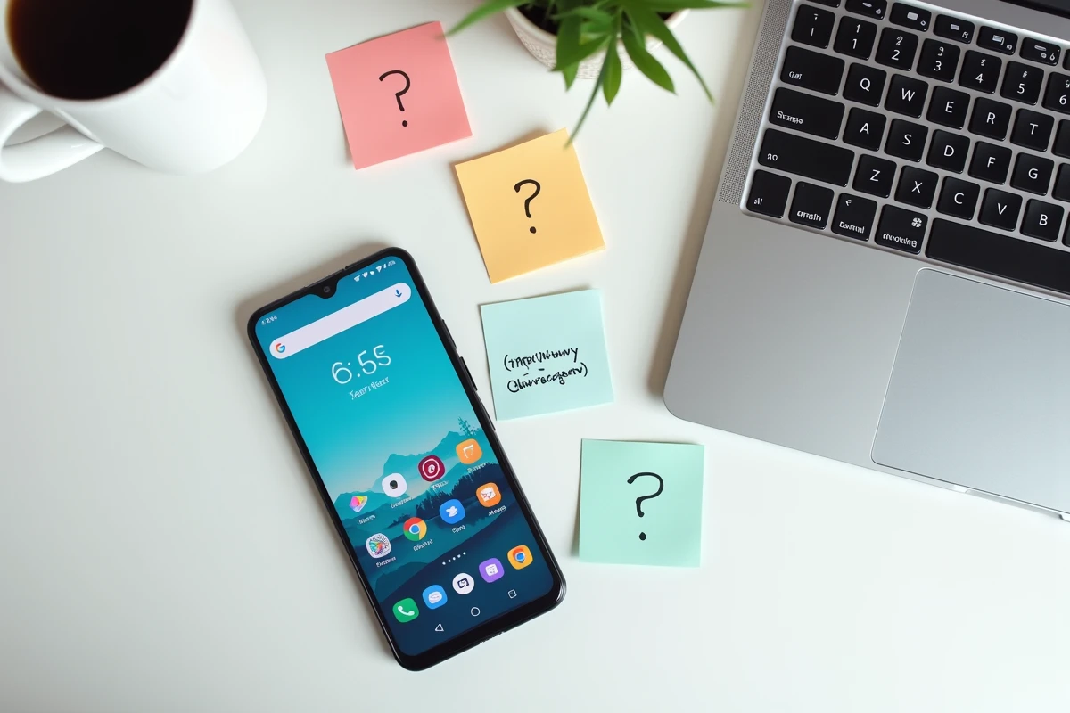Vue aérienne d'un smartphone Wiko et d'un ordinateur portable affichant un site web posés côte à côte sur un bureau