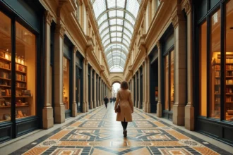 Femme se promenant dans la Galerie Vivienne à Paris, passage couvert du XIXe siècle avec sol en mosaïque et verrière en fer forgé