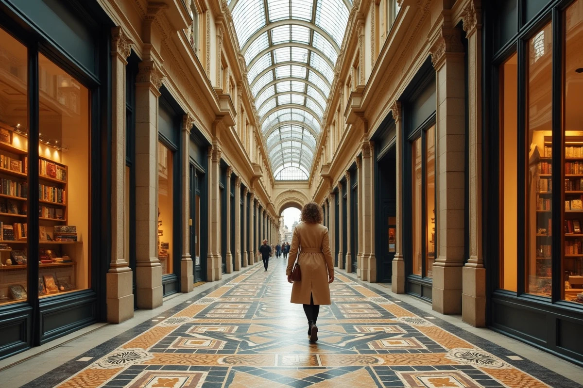 Femme se promenant dans la Galerie Vivienne à Paris, passage couvert du XIXe siècle avec sol en mosaïque et verrière en fer forgé