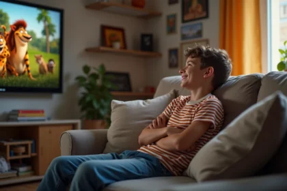 Jeune garçon français regardant un film d'animation