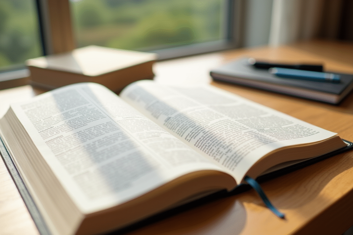 Livre de grammaire française ouvert sur un bureau lumineux