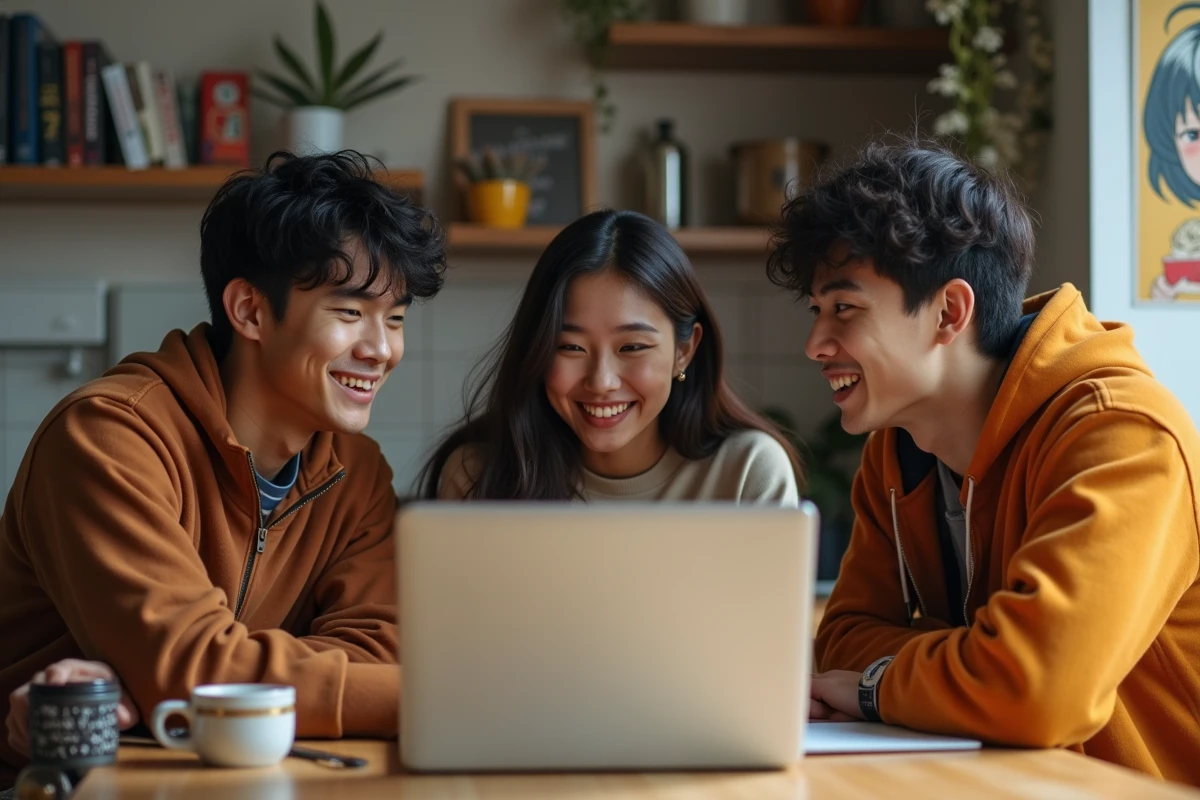 Trois amis discutant manga autour d’un ordinateur en cuisine