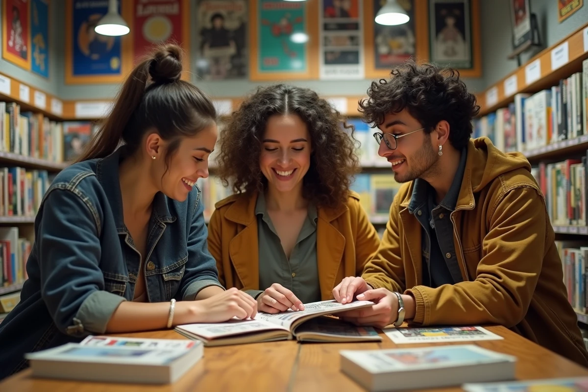 Groupe d amis échangeant des mangas dans une librairie