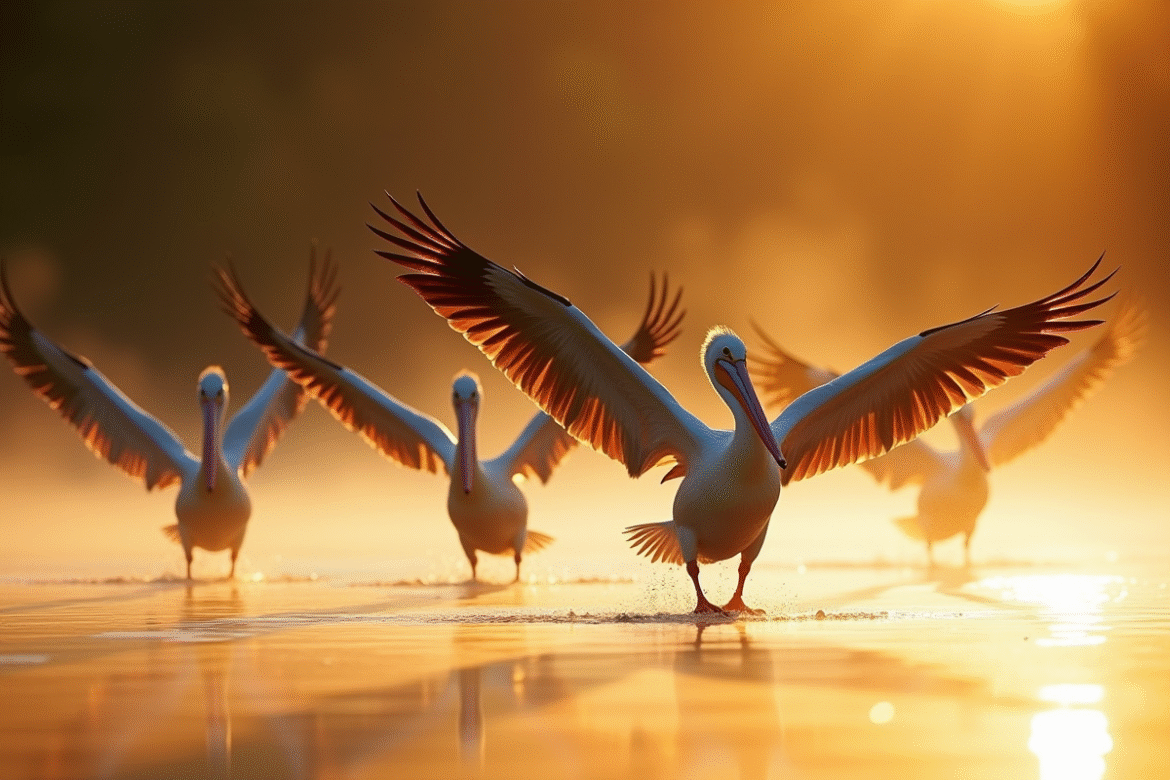 Pelicans en vol au lever du soleil sur un lac tranquille