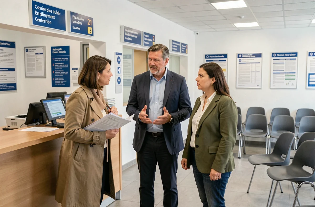 Groupe de demandeurs d'emploi discutant des nouvelles règles de désinscription à France Travail en 2026