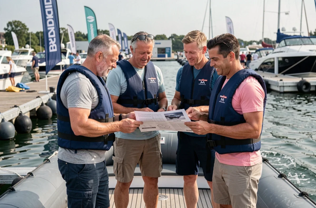 Groupe de personnes en gilets de sauvetage découvrant un bateau lors d'un essai en mer au salon nautique