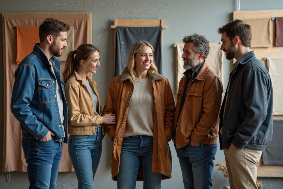 Groupe diversifié de personnes examinant des textiles en studio