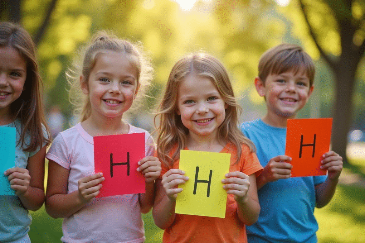 Groupe d'enfants jouant dans un parc ensoleille avec des cartes en forme de H