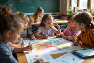 Enfants travaillant sur un poster dans une classe lumineuse