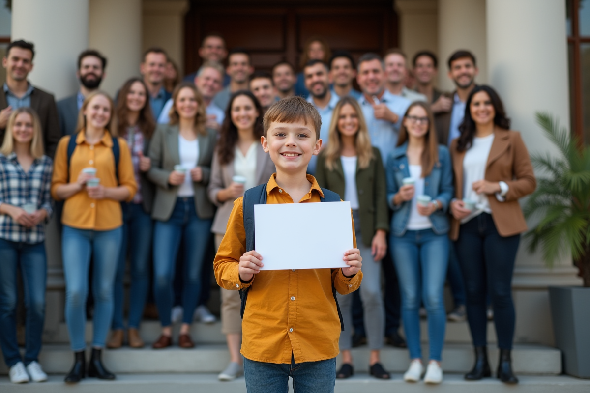Groupe de personnes avec enfant devant mairie moderne