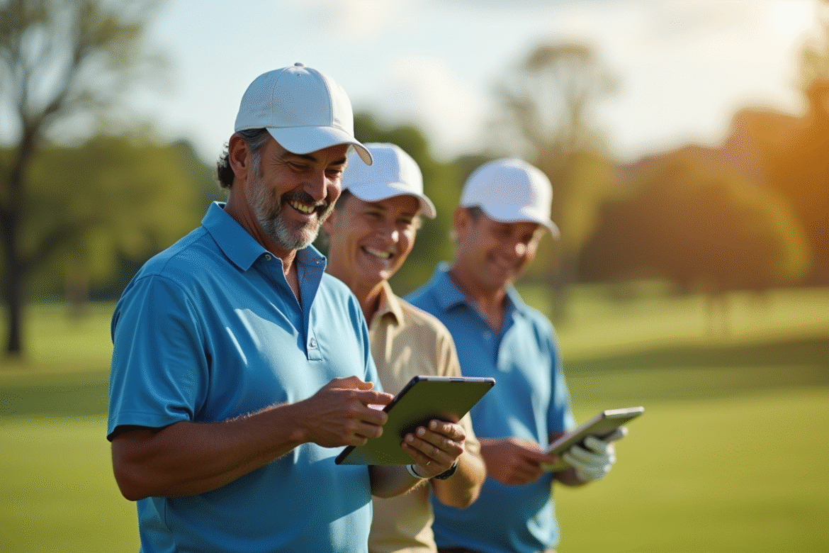 Groupe de golfeurs souriants utilisant une tablette en plein air