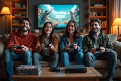 Groupe de jeunes adultes regardant une annonce de jeu vidéo 2026