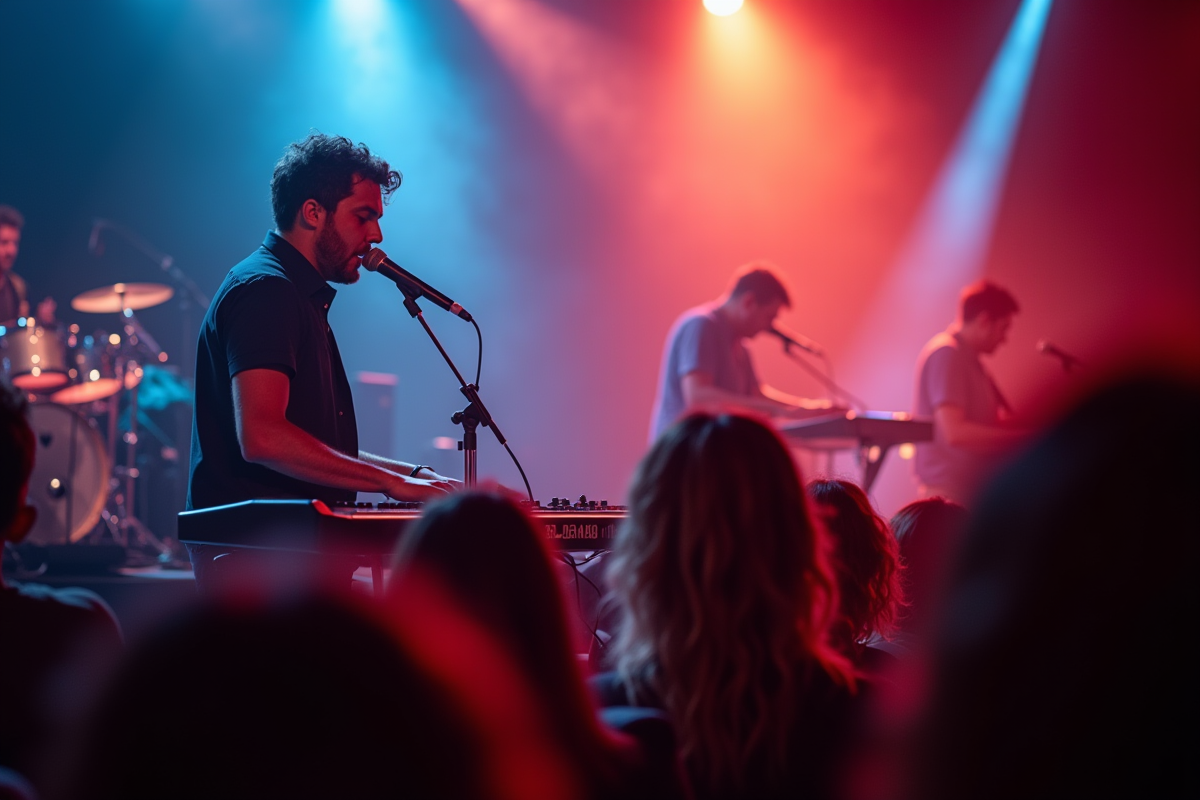 Groupe poprock en concert avec clavieriste concentré