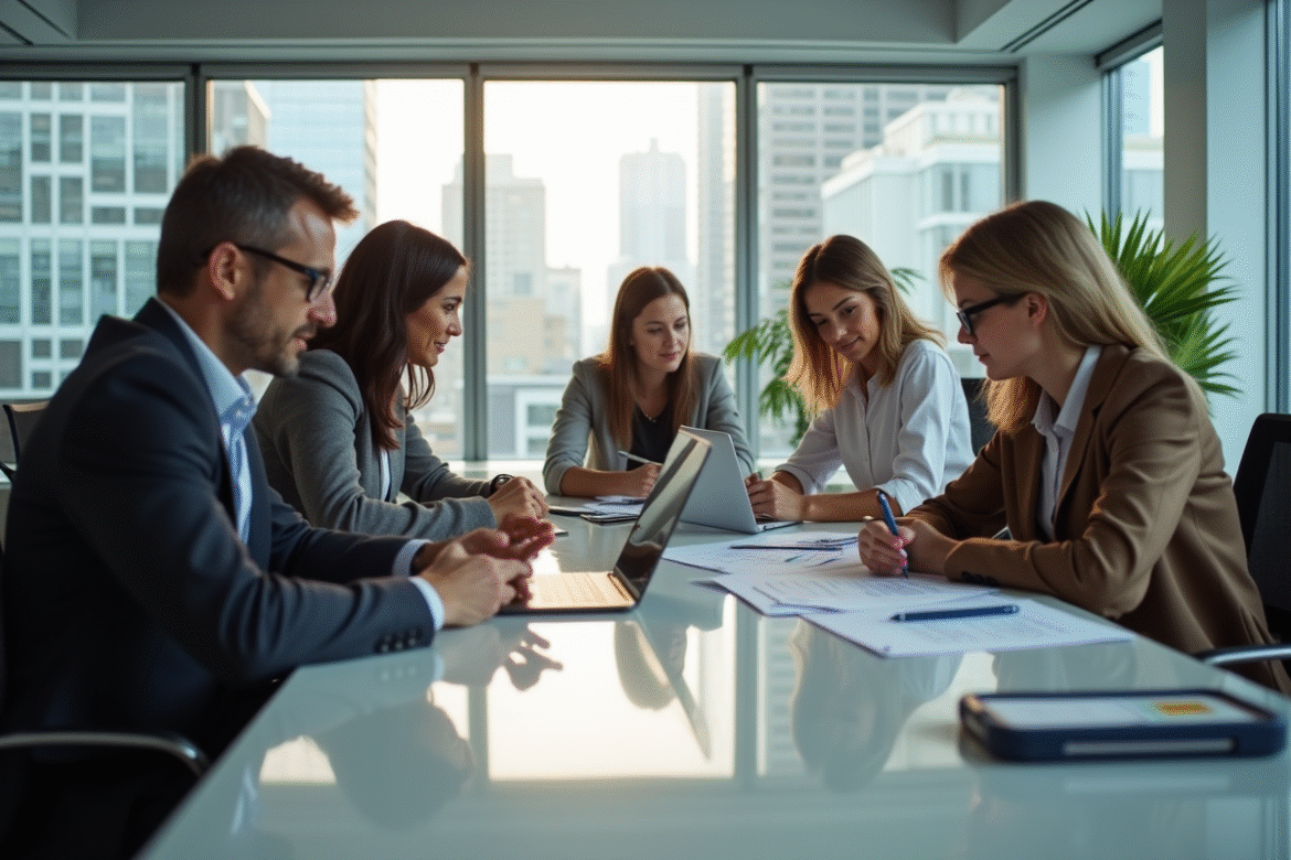 Groupe de professionnels collaborant dans un bureau lumineux