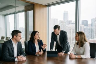 Groupe de quatre professionnels en réunion dans une salle moderne