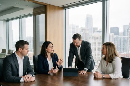 Groupe de quatre professionnels en réunion dans une salle moderne