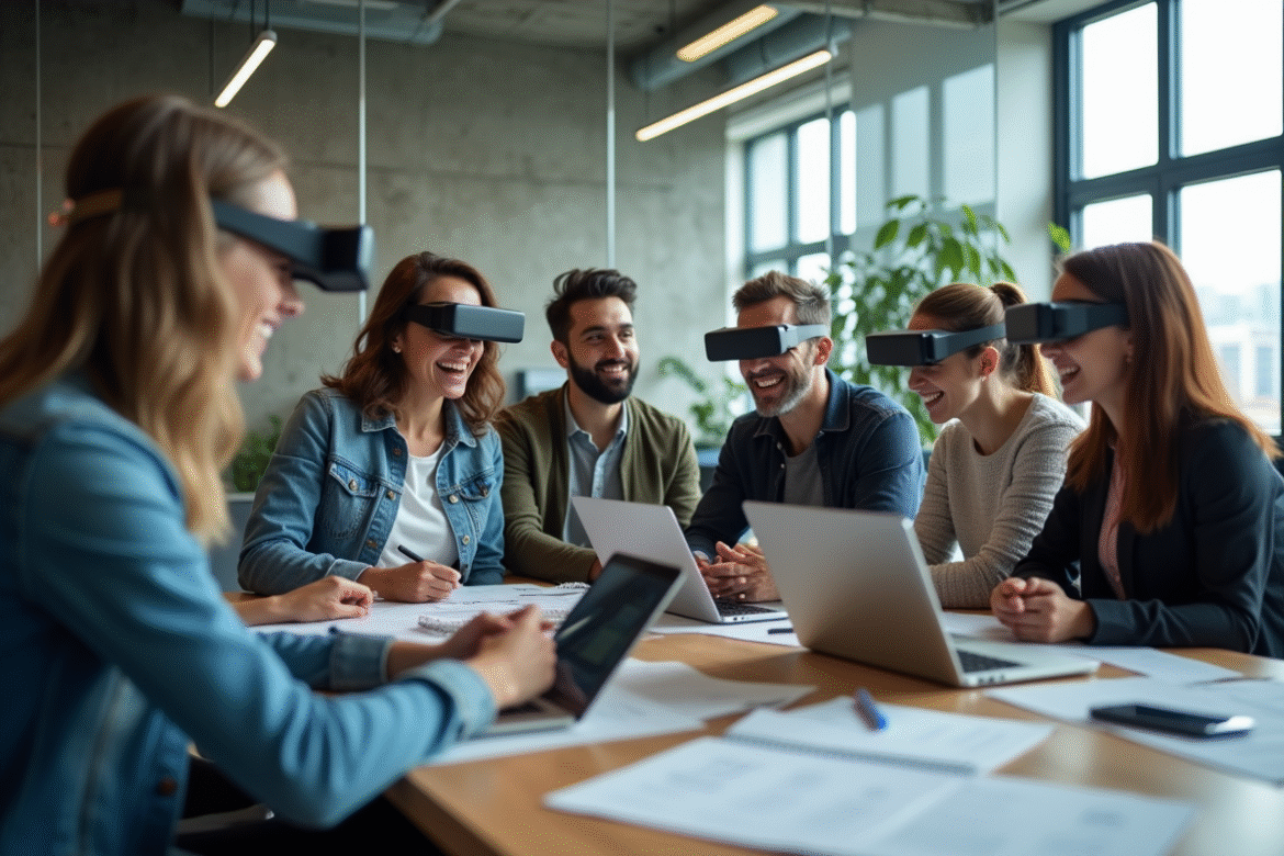 Groupe de jeunes adultes en réunion avec technologie moderne