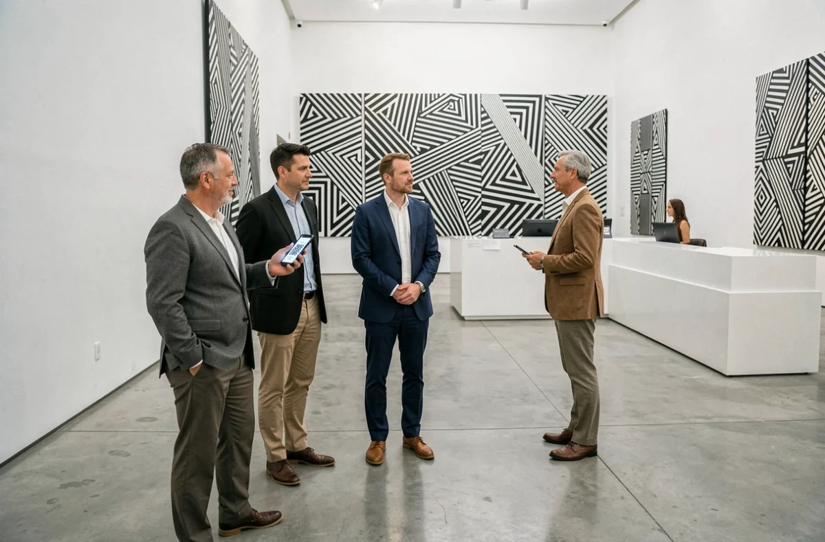 Groupe de visiteurs avec billet numérique à l'entrée d'un musée présentant l'exposition Escher