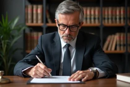 Homme d'affaires en costume lit un document juridique