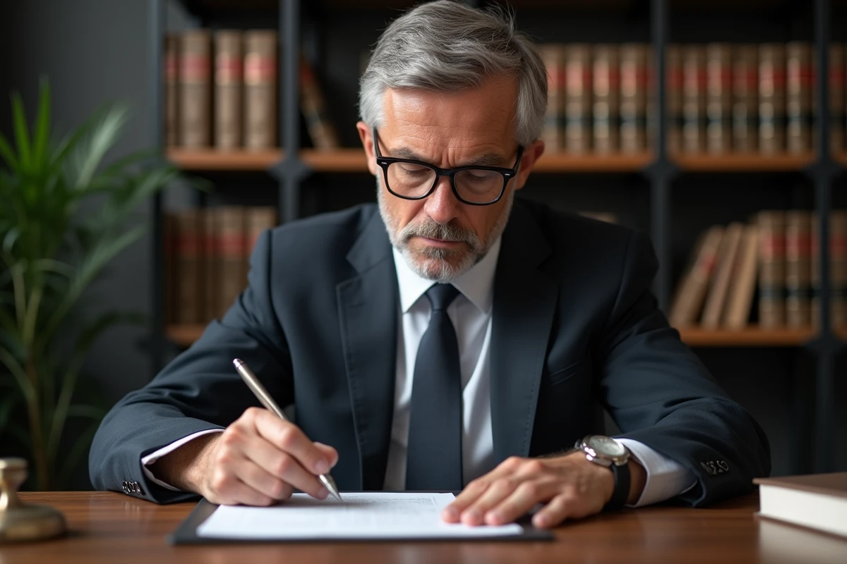 Homme d'affaires en costume lit un document juridique