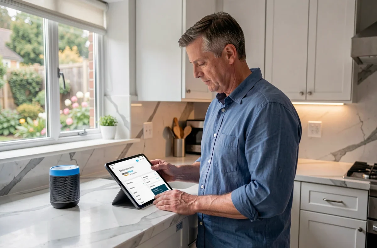 Homme consultant son compte Amazon Prime sur une tablette à côté d'un appareil Amazon Echo dans une cuisine moderne