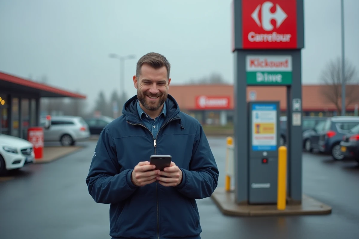Homme consultant une application de réduction sur smartphone dans un parking Carrefour Drive