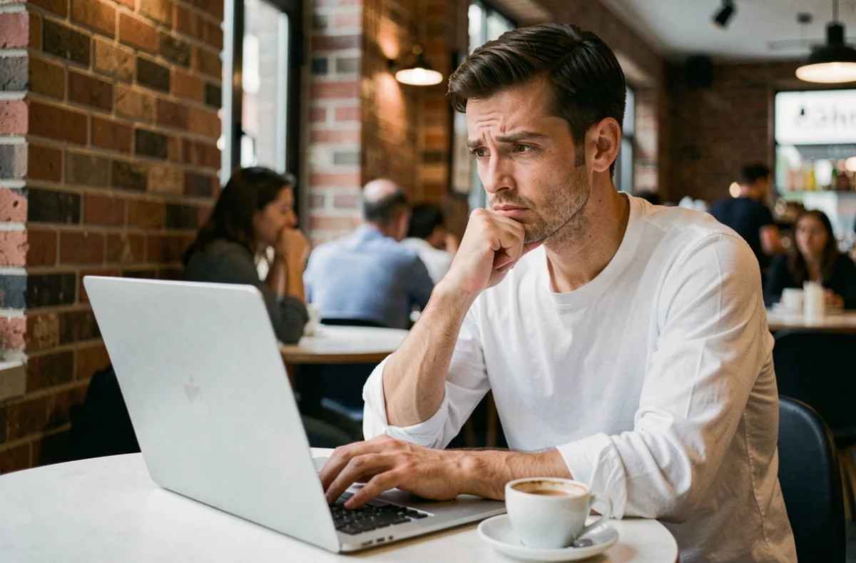 Homme perplexe devant son ordinateur portable dans un café, cherchant la bonne orthographe entre 'mis' et 'mit' en français